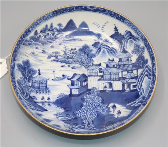 Chinese blue and white shallow bowl decorated river landscape with buildings and figures